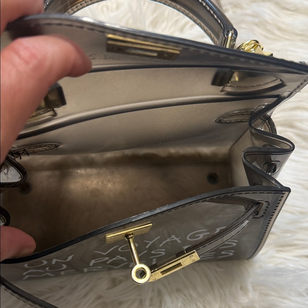 Clear Black Vinyl Crossbody Bag with White Script and Top Handle - Picture 5 of 12